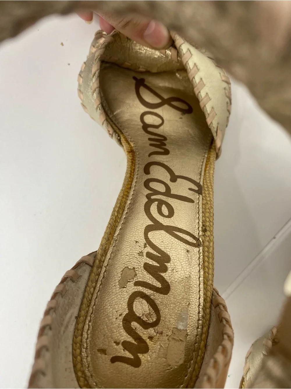 Sam Edelman Gold and Tan Wedge Sandals with Ankle Strap Flawed